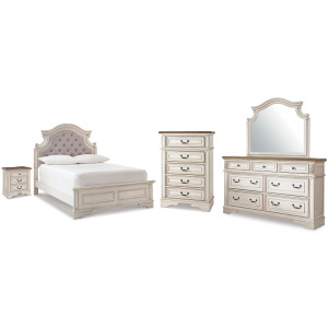 Realyn Full Upholstered Panel Bed, Dresser, Mirror, Chest and Nightstand