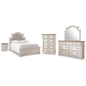 Realyn Full Upholstered Panel Bed, Dresser, Mirror, Chest and Nightstand