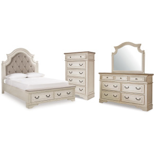 Realyn Queen Upholstered Panel Bed, Dresser, Mirror and Chest
