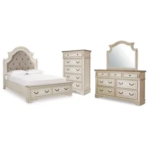 Realyn Queen Upholstered Panel Bed, Dresser, Mirror and Chest