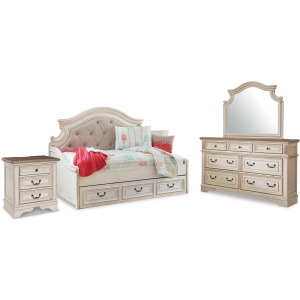 Realyn Twin Day Bed with Storage, Dresser, Mirror and Nightstand