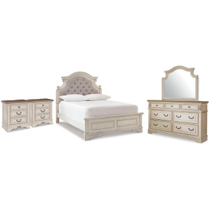 Realyn Full Upholstered Panel Bed, Dresser, Mirror and 2 Nightstands