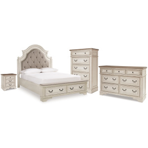 Realyn Queen Upholstered Storage Bed, Dresser, Chest and Nightstand