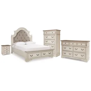 Realyn Queen Upholstered Storage Bed, Dresser, Chest and Nightstand