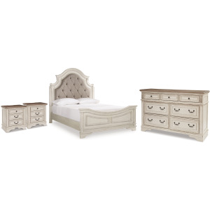 Realyn Queen Upholstered Panel Bed, Dresser and 2 Nightstands