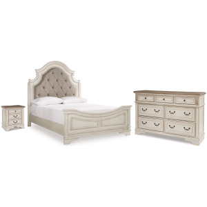 Realyn Queen Upholstered Panel Bed, Dresser and Nightstand