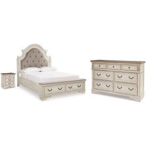 Realyn Queen Upholstered Storage Bed, Dresser and Nightstand