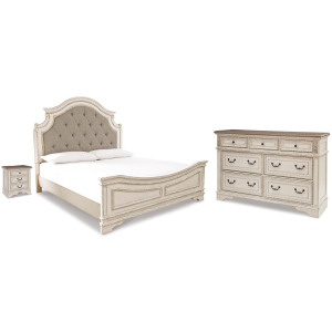 Realyn King Upholstered Panel Bed, Dresser and Nightstand