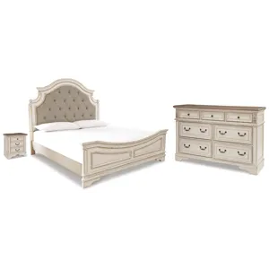 Realyn King Upholstered Panel Bed, Dresser and Nightstand