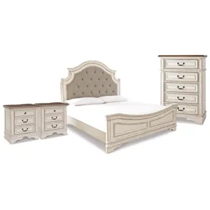 Realyn King Upholstered Panel Bed, Chest and 2 Nightstands