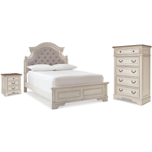 Realyn Full Upholstered Panel Bed, Chest and Nightstand