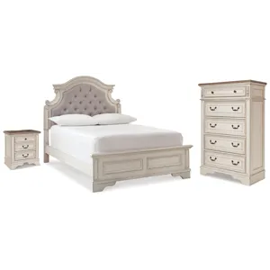 Realyn Full Upholstered Panel Bed, Chest and Nightstand