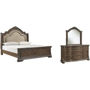 Charmond King Upholstered Sleigh Bed, Dresser and Mirror