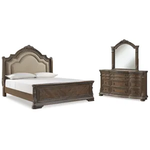 Charmond California King Upholstered Sleigh Bed, Dresser and Mirror