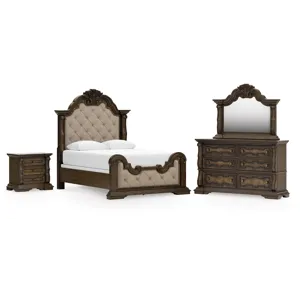 Maylee Queen Upholstered Panel Bed, Dresser, Mirror and Nightstand