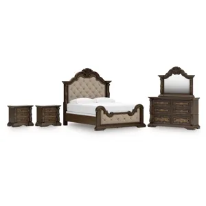 Maylee King Upholstered Bed, Dresser, Mirror and 2 Nightstands