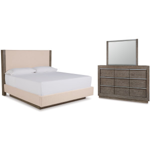 Anibecca Queen Upholstered Panel Bed, Dresser and Mirror