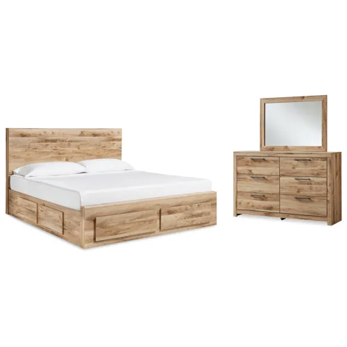 Hyanna King Panel Storage Bed with 1 Side Storage, Dresser and Mirror