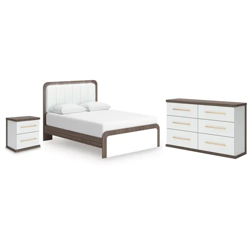 Kendanport Queen Upholstered Bed, Dresser and Nightstand