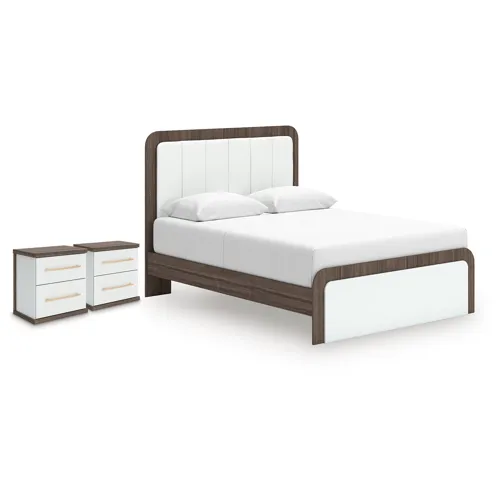 Kendanport Queen Upholstered Bed and 2 Nightstands