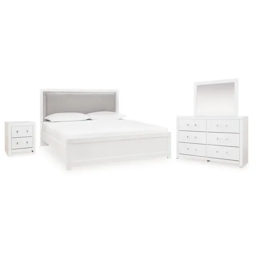 Maeling Queen Upholstered Panel Bed, Dresser, Mirror and Nightstand