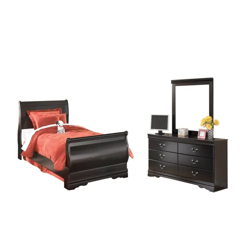 Huey Vineyard Twin Sleigh Bed with Mirroed Dresser and Nightstand