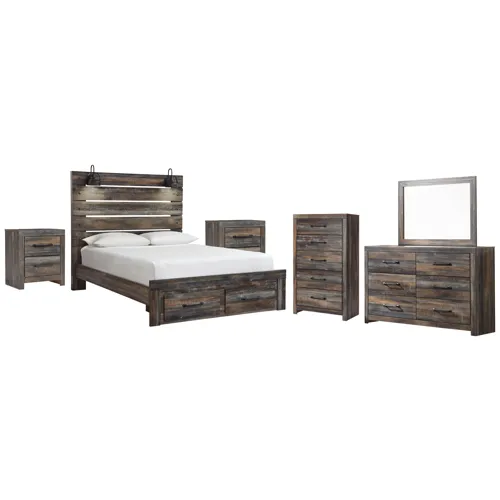 Drystan Queen Panel Storage Bed, Dresser, Mirror, Chest and 2 Nightstands