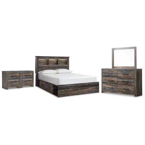 Drystan Queen Bookcase Storage Bed, Dresser, Mirror and 2 Nightstands