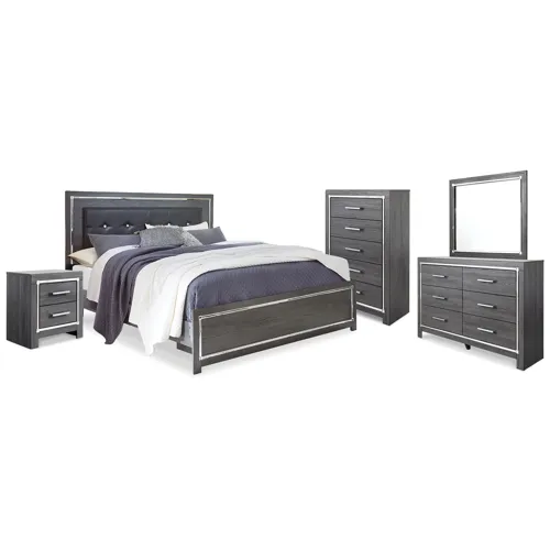 Lodanna King Upholstered Panel Bed, Dresser, Mirror, Chest and Nightstand