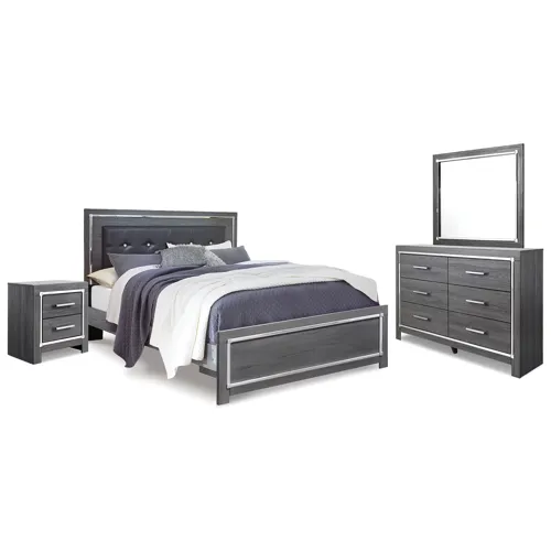 Lodanna King Upholstered Panel Bed, Dresser, Mirror and Nightstand