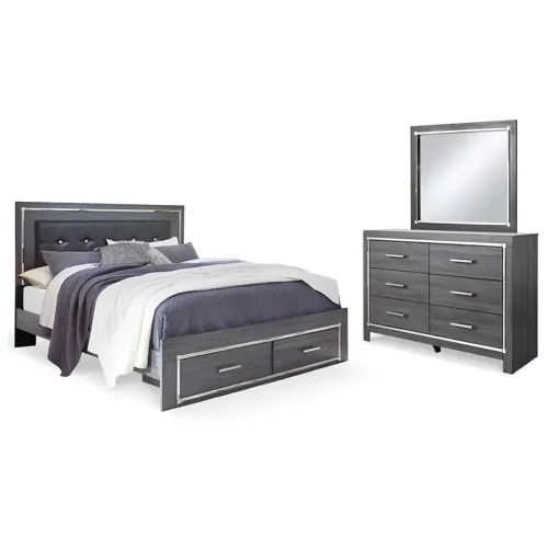 Lodanna King Upholstered Storage Bed, Dresser and Mirror