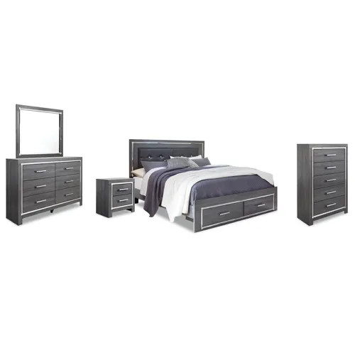 Lodanna King Upholstered Storage Bed, Dresser, Mirror, Chest, and Nightstand