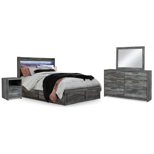Baystorm Queen Panel Bed with 2 Side Storage, Dresser, Mirror, and Nightstand