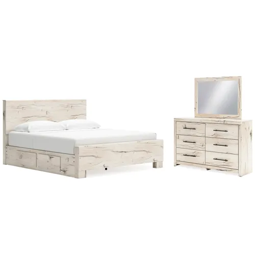 Lawroy King Panel Bed with Storage, Dresser and Mirror