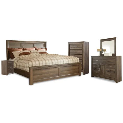 Juararo California King Panel Bed, Dresser, Mirror, Chest and Nightstand