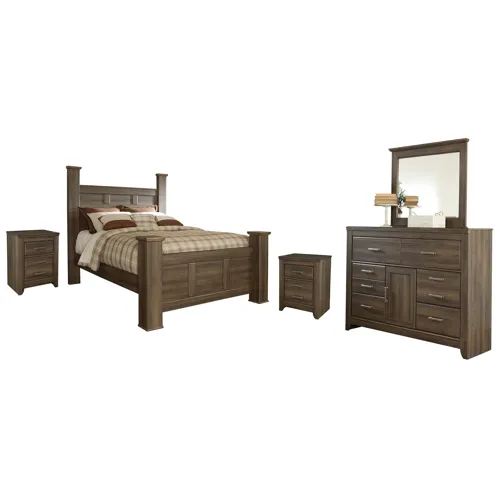 Juararo Queen Poster Bed with Mirrored Dresser and 2 Nightstands