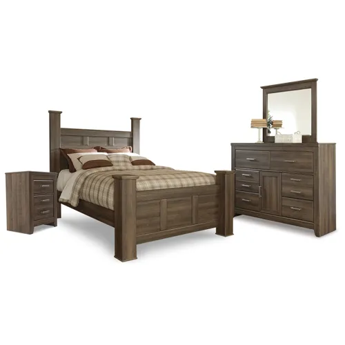Juararo Queen Poster Bed with Mirrored Dresser and Nightstand