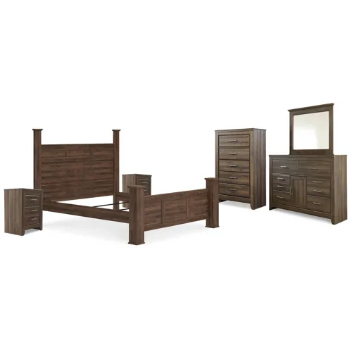 Juararo California King Poster Bed, Dresser, Mirror, Chest and 2 Nightstands