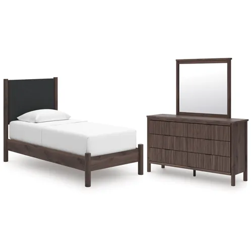 Pamytta Twin Upholstered Platform Bed, Dresser and Mirror