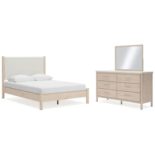 Cadmori Queen Upholstered Panel Bed, Dresser and Mirror