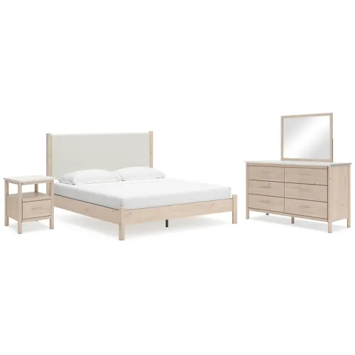 Cadmori King Upholstered Panel Bed, Dresser, Mirror and Nightstand