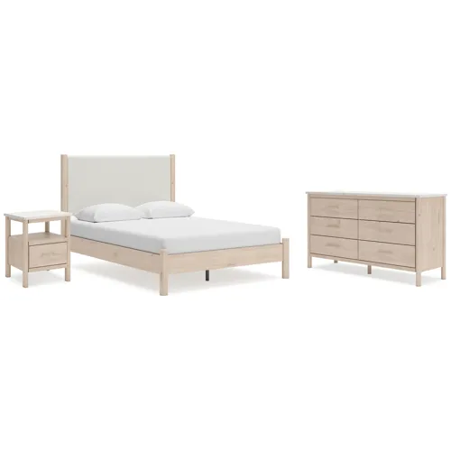 Cadmori Queen Upholstered Panel Bed, Dresser and Nightstand