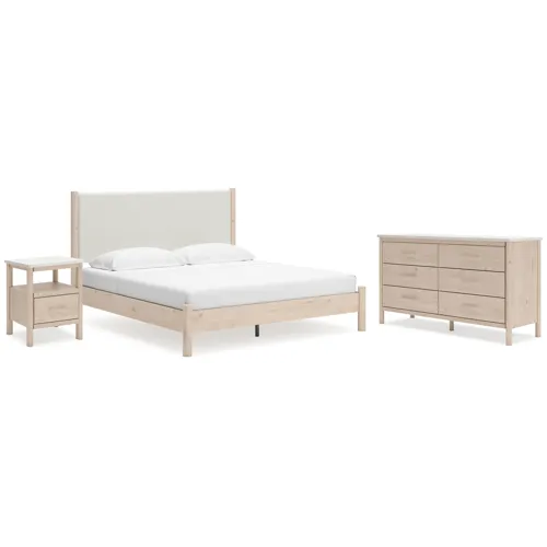 Cadmori King Upholstered Panel Bed, Dresser and Nightstand