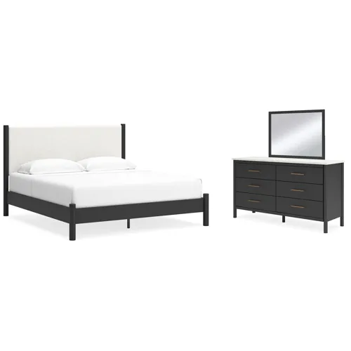 Cadmori King Upholstered Panel Bed, Dresser and Mirror