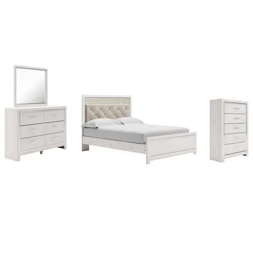 Altyra Queen Upholstered Panel Bed, Dresser, Mirror, and Chest