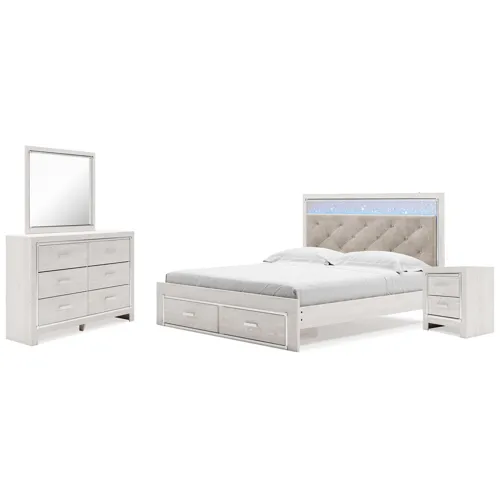 Altyra King Upholstered Panel Storage Bed, Dresser, Mirror and Nightstand