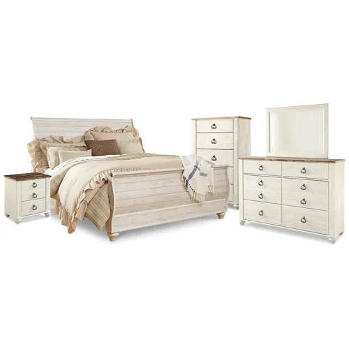 Willowton King Sleigh Bed, Dresser, Mirror, Chest and Nightstand