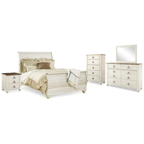 Willowton Queen Sleigh Bed, Dresser, Mirror, Chest and Nightstand