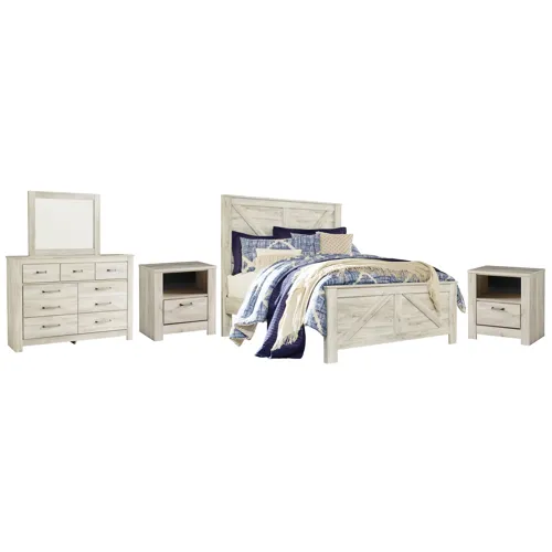 Bellaby Queen Crossbuck Panel Bed, Dresser, Mirror and 2 Nightstands