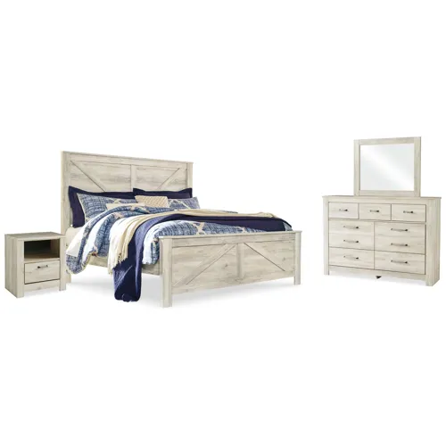 Bellaby King Crossbuck Panel Bed, Dresser, Mirror, and Nightstand
